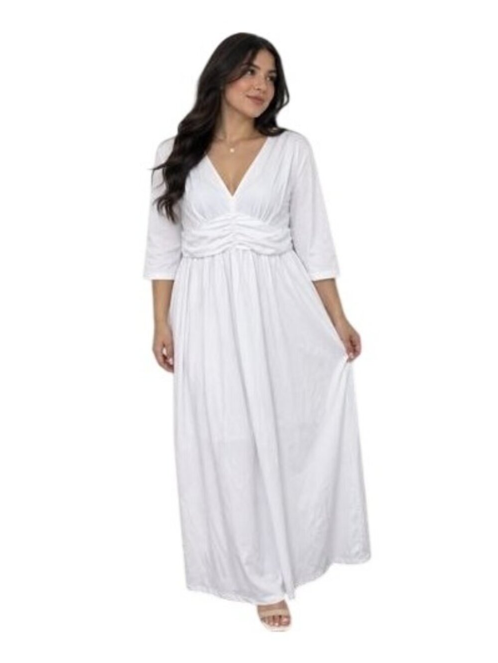 White Ruched Waist Midi Dress 3/4 Sleeves V-Neck Elastic Back And Flowy